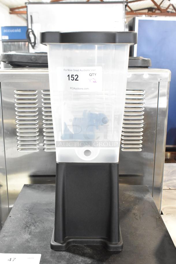 Brand new Choice Poly Beverage Holder Dispenser, scratch and dent condition, transparent body with black base, labeled "152 QTY x2."