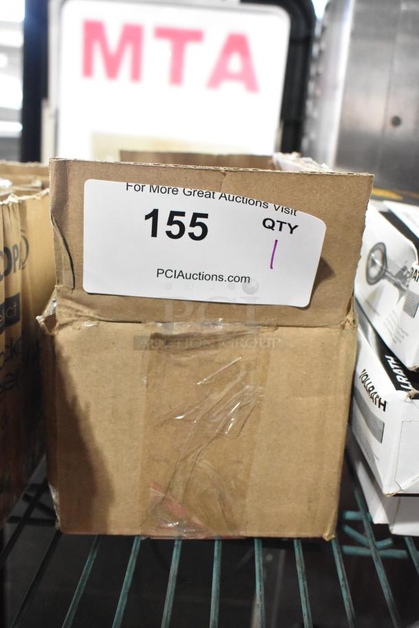 Cardboard box labeled "155 QTY 1" with signage indicating auction details. Box is taped and shows signs of wear.