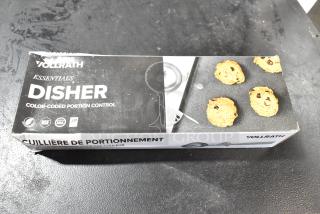 5 new Vollrath 47143 #16 blue thumb press dishers, 2 oz, scratch and dent condition, original packaging shows slight wear.