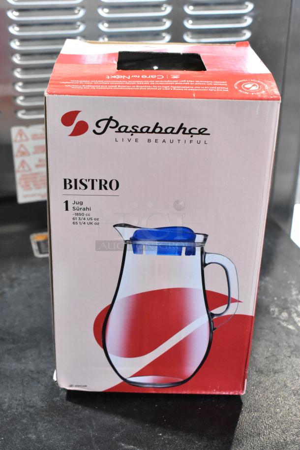 Pasabahce Bistro 61 oz. glass pitcher. New, scratch and dent condition. Box shows pitcher design with brand logo.