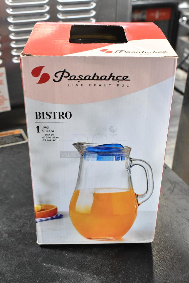 5 brand new scratch and dent Pasabahce Bistro glass pitcher, 61 oz., in original packaging. Box shows product image and capacity.