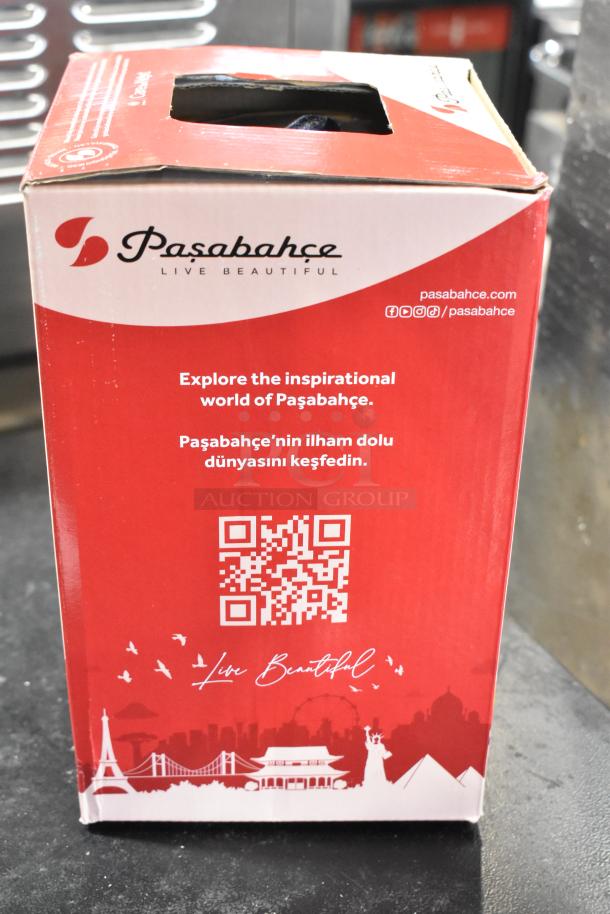 Alt text: Pasabahce Bistro by Steelite International glass pitcher packaging, 61 oz., scratch and dent, brand new, auction item.