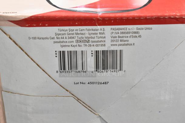 5 brand new Pasabahce Bistro 61 oz. glass pitchers in box. Scratch and dent condition. Label shows manufacturer's details.