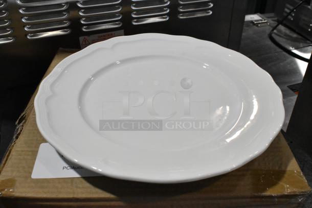 Acopa Condesa 12" pearl white scalloped porcelain plate, wide rim, new condition, SKU 303SCLP12WH, 12 case pack.