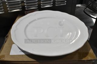 Acopa Condesa 12" pearl white scalloped porcelain plate, wide rim, new condition, SKU 303SCLP12WH, 12 case pack.