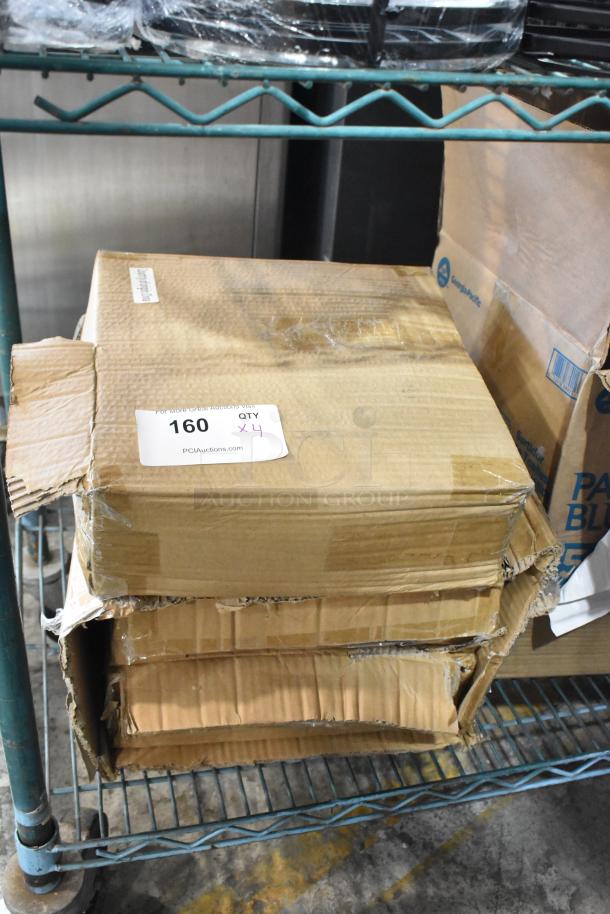 Cardboard boxes labeled "160 QTY x4," containing 303SCLP12WH Acopa Condesa 12" pearl white scalloped porcelain plates. Boxes show some damage.