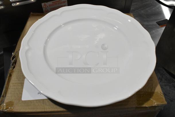 Acopa Condesa 12" Pearl White Scalloped Porcelain Plate, new with wide rim, Item 303SCLP12WH, 12 per case.