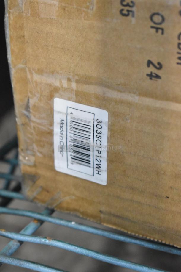 Brown cardboard box label displaying "303SCLP12WH" code, indicating Acopa Condesa 12" white porcelain plates.