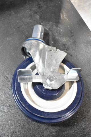 Brand new, scratch and dent commercial caster with blue rubber wheel and metal bracket on a black surface.