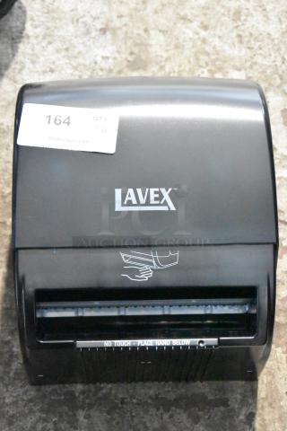 Lavex black poly wall mount paper towel dispenser, new with minor scratches. Features "No Touch" sensor operation.