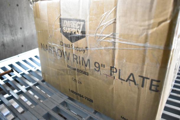 Cardboard box labeled "Direct Supply Narrow Rim 9-inch Plate, Item E0583, Qty 24" on metal shelving.