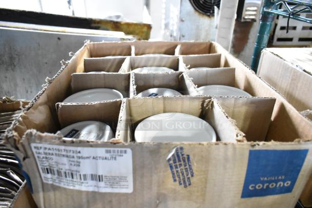 Box of brand new Corona by GET Enterprises bright white porcelain ramekins, labeled with item number PA1101707324.