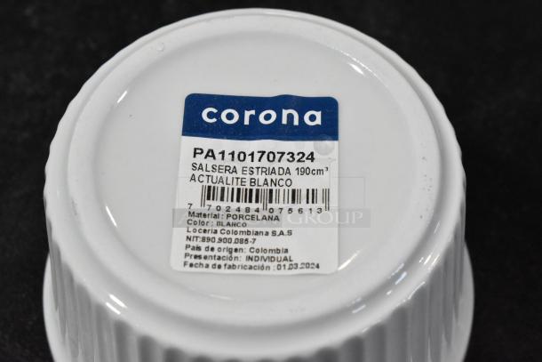 Bright white Corona ramekin by GET Enterprises, 6.8 oz, ribbed texture, perfect condition. Label shows model PA1101707324.