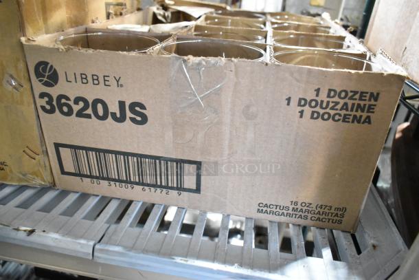 Libbey 3620JS Cactus Margarita Glass box, holds 16 oz. glasses, shows some wear. Contains 1 dozen glasses per box.