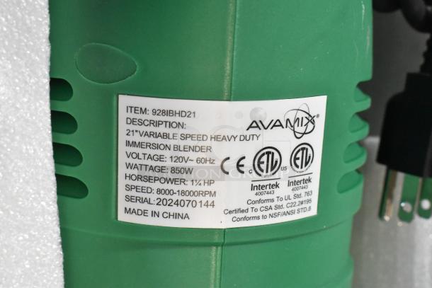 BRAND NEW AvaMix 928IBHD21 immersion blender, 21" heavy-duty, 1 1/4 hp, 120V, variable speed, scratch and dent condition.