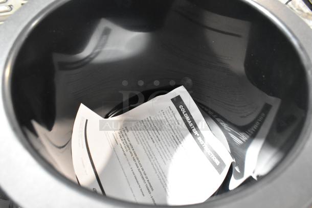BRAND NEW Carlisle CM101203 black 3-gallon Coldmaster cold crock with lid, includes extra bin, visible instructions inside.
