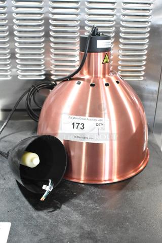 Brand new ServIt 423HLS85CR 8' heat lamp, copper finish, round dome shade, ceiling mount, 120V, 1 phase. Auction label visible.