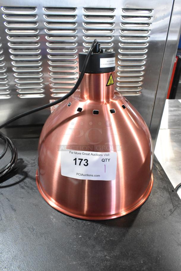 Brand new ServIt 423HLS85CR 8' ceiling mount heat lamp, copper finish, round dome shade. Voltage: 120V, 1 phase.