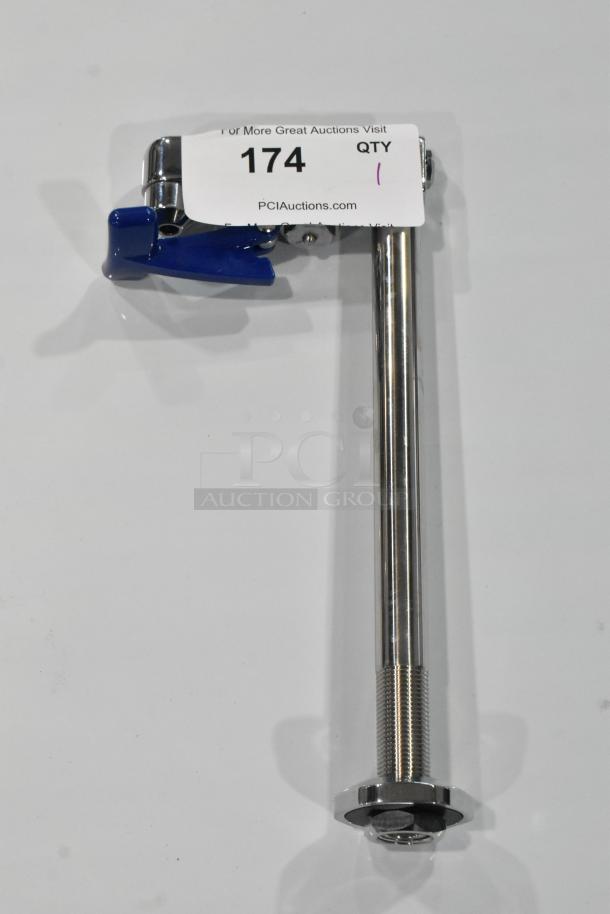 Brand new metal water faucet with minor scratches and dents. Features a blue handle and threaded installation base. Auction tag reads "174."