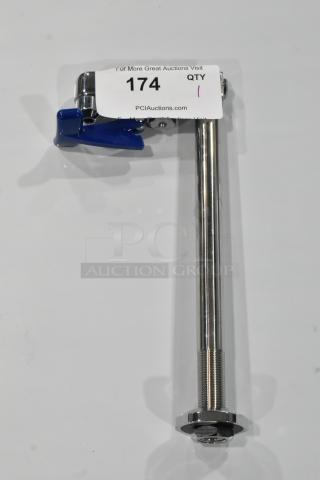 Brand new metal water faucet with minor scratches and dents. Features a blue handle and threaded installation base. Auction tag reads "174."