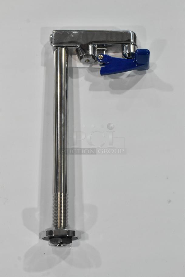 Brand new metal water faucet, chrome finish, blue handle, slight scratches and dents, tall threaded stem.
