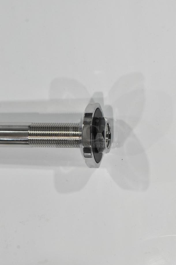 Brand new metal water faucet with visible scratches and dents, featuring a threaded design and chrome finish, ideal for plumbing.