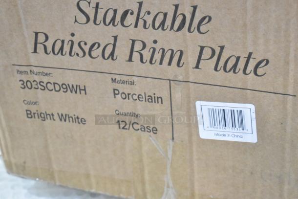 Cardboard box labeled "Stackable Raised Rim Plate". Item: 303SCD9WH, Material: Porcelain, Color: Bright White, Quantity: 12/Case. Made in China sticker visible.