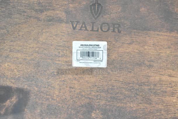 3 new Valor rubberwood display stands, 16"x11 7/8"x4 1/8", rustic chestnut finish, model #825ULOVLSTND, minor scratches.