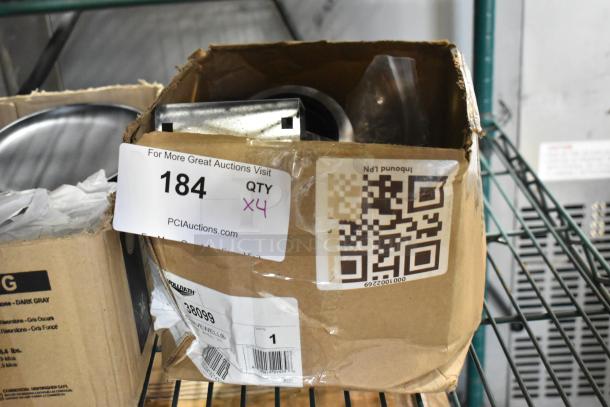 Lot of 4 brand new scratch and dent commercial casters in original packaging. Item tag indicates auction lot 184.