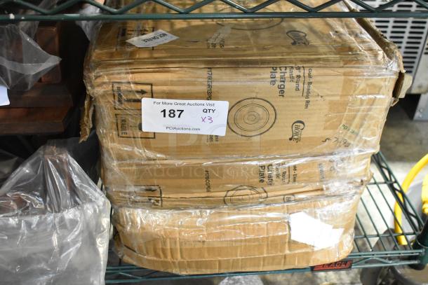 Box of 3 new 176CGR13PGB Choice 13" gold beaded rim plastic charger plates, slightly scratched and dented, item 187.