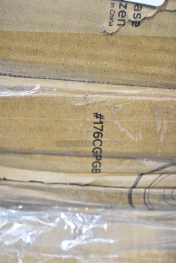 Cardboard packaging with label showing item code #176CGR13PGB for Choice 13" gold beaded rim plastic charger plates.
