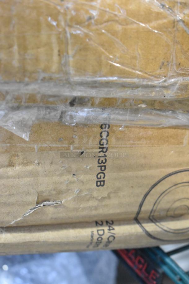 3 new Choice 13" gold beaded rim plastic charger plates, slightly scratched. Model 176CGR13PGB. Box shows wear.