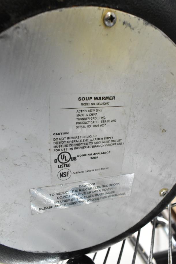 Thunder Group SEJ30000C metal soup warmer label showing model, voltage, UL and NSF certifications. Good condition.