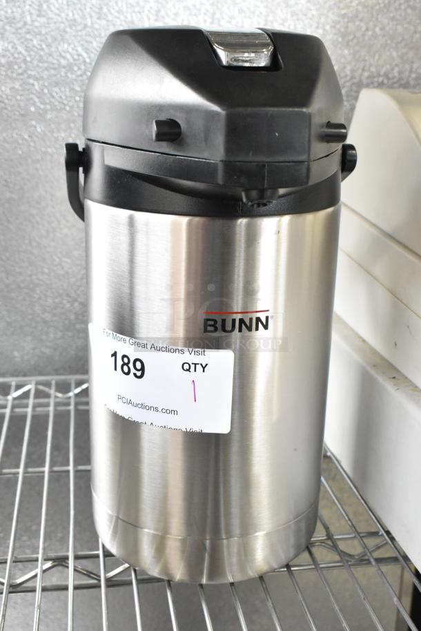 Bunn Stainless Steel Air Pot, black lid, in good condition, auction label shows lot number 189.
