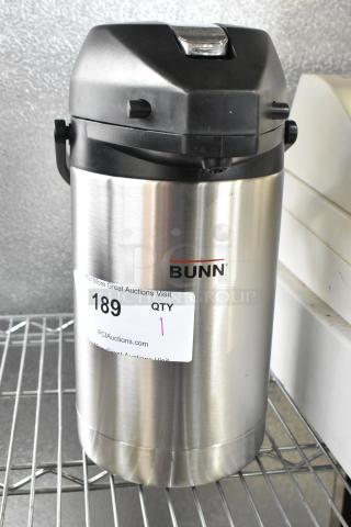 Bunn Stainless Steel Air Pot, black lid, in good condition, auction label shows lot number 189.