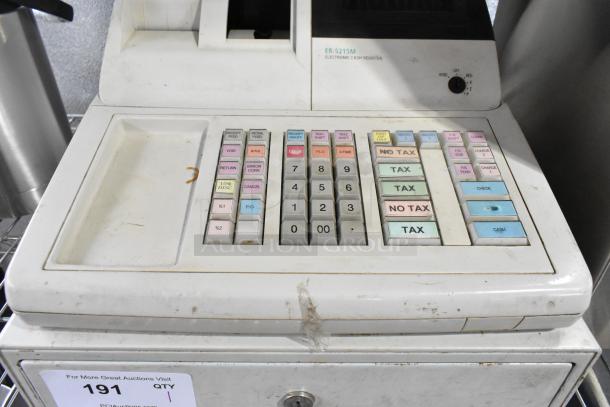 Sam4S ER-521SM Countertop Electronic Cash Register, white, visible wear, multiple function keys, auction lot tag 191.