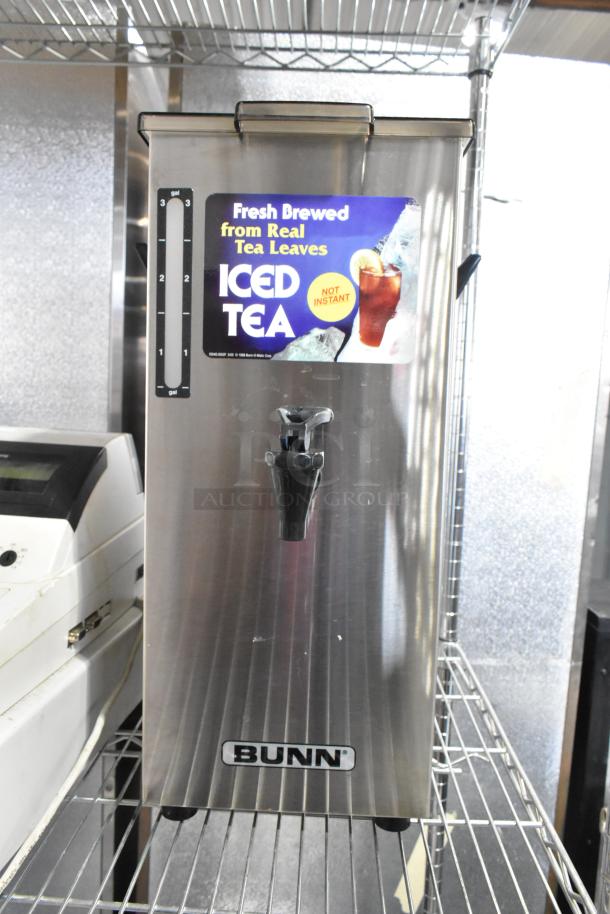 Bunn TD4T stainless steel beverage dispenser, features iced tea label, 3-gallon capacity, good condition.