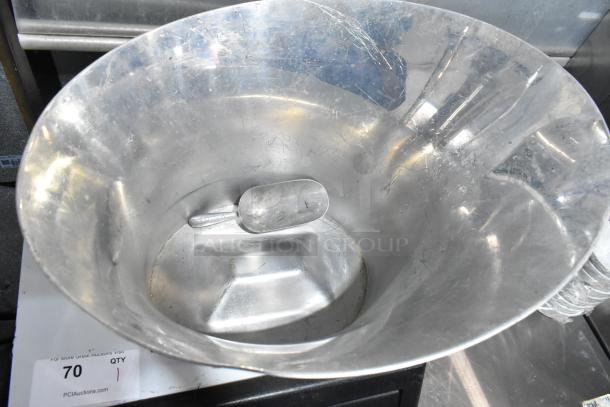 Aluminum ice bucket with scoop, showing signs of use. Includes auction tag indicating 13 assorted items, bid multiplier.