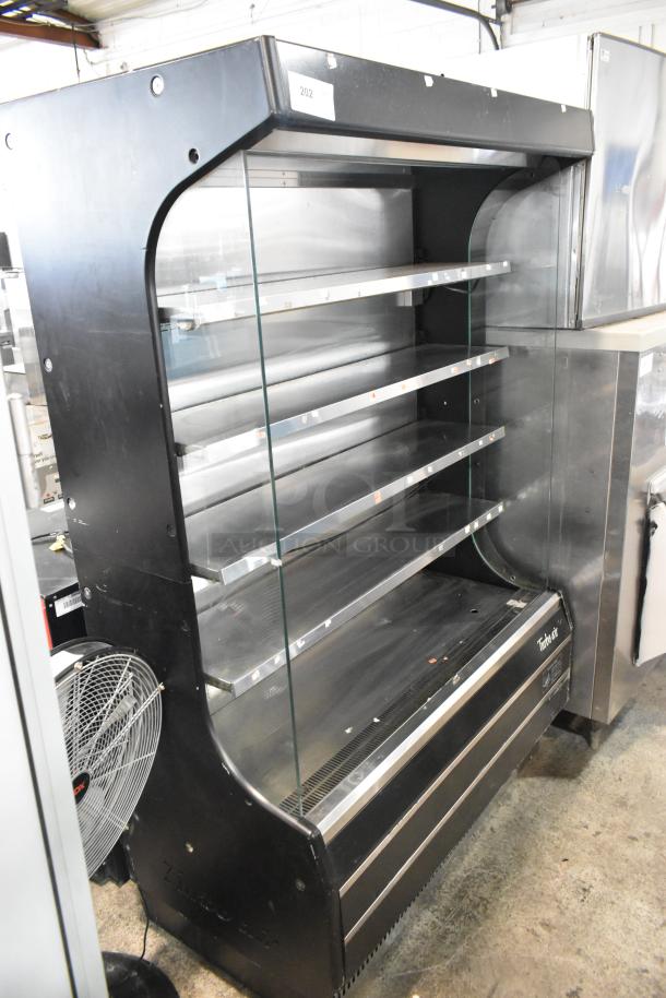 Turbo Air TOM-50B metal commercial open merchandiser with glass front and metal shelves, 120V, 1 phase, floor style.