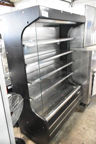 Turbo Air TOM-50B metal commercial open merchandiser with glass front and metal shelves, 120V, 1 phase, floor style.