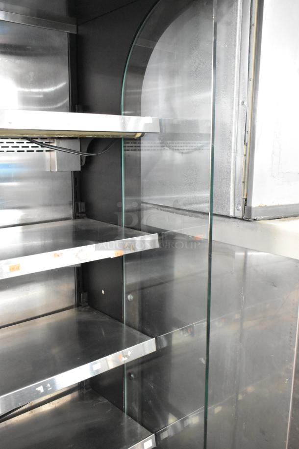 Turbo Air TOM-50B merchandiser, metal shelves, glass sides, commercial use, 120V, 1 Phase, open grab-and-go style.