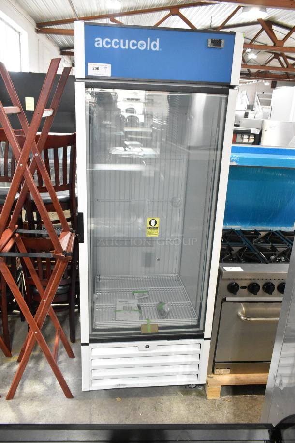 Accucold AFG26MLLH single door reach-in cooler, commercial-grade, poly-coated racks, on casters, 115V, 1 phase.