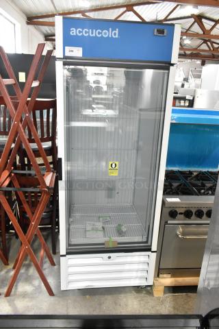 Accucold AFG26MLLH single door reach-in cooler, commercial-grade, poly-coated racks, on casters, 115V, 1 phase.