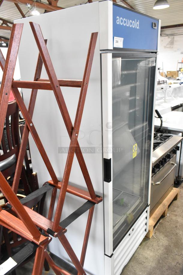 Accucold AFG26MLLH commercial cooler with single glass door, poly coated racks, on casters, white metal exterior.