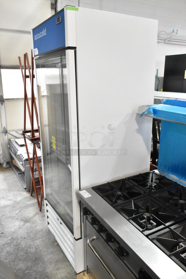 Accucold AFG26MLLH commercial single door reach-in cooler with metal build, poly-coated racks, and commercial casters.