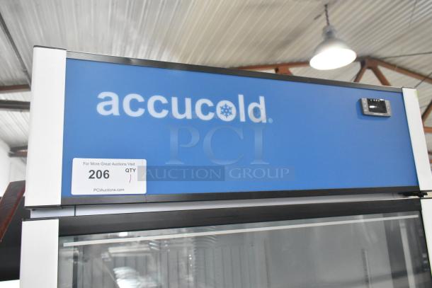 Accucold AFG26MLLH commercial cooler with single glass door, poly coated racks, and casters. Label: "206 Qty". 115V, 1 Phase.