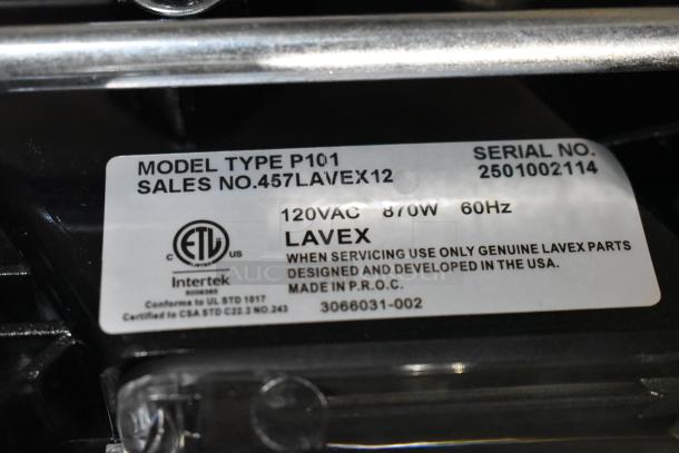 Label of Lavex P101 Vacuum Cleaner showing model type, sales and serial numbers, 120VAC, 870W, 60Hz.