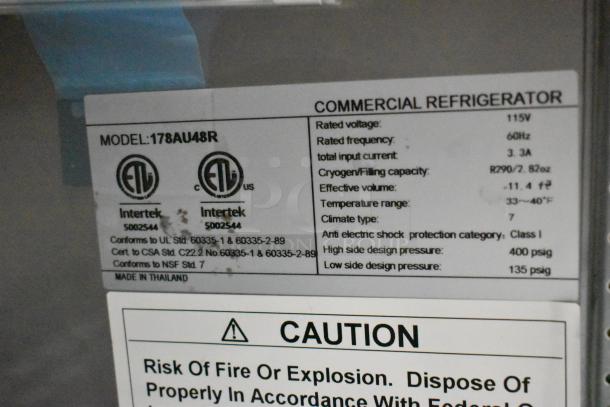 Avantco 178AU48R stainless steel commercial work top cooler label, showing model number, certifications, and safety warnings.