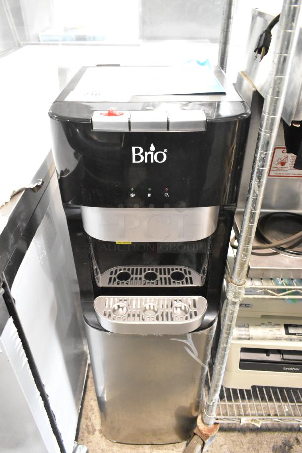 Brio CLBL420V2 water dispenser, black, stainless steel accents, 115V, 1 phase. Features hot, cold, and room temp options.