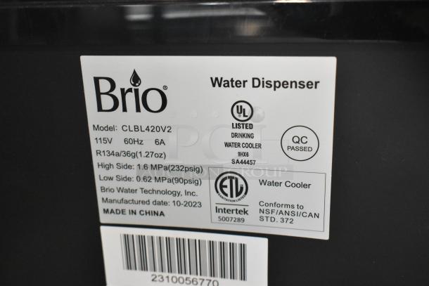 Brio CLBL420V2 Water Dispenser label, 115V, 60Hz, 6A, UL and ETL listed, QC passed, made in China October 2023.